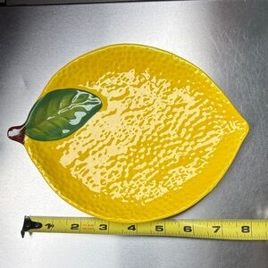 Bright Yellow Ceramic Lemon Plate with Green Leaf Accent